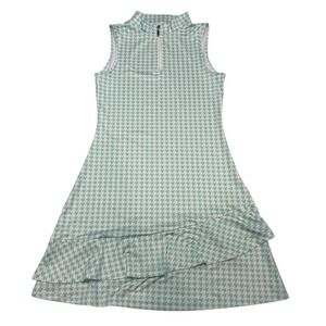 Mint Green Houndstooth Sleeveless Quarter Zip Ruffle Hem Athletic Dress XS